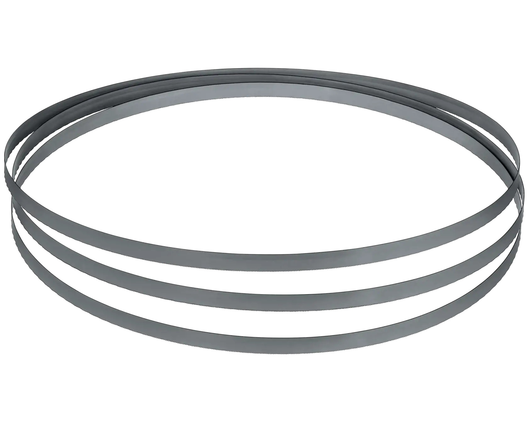 Three metal band saw blades are coiled in a circular shape and placed on a white background.