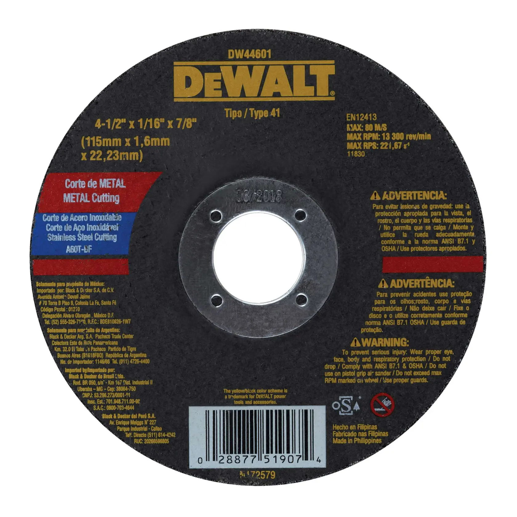 DEWALT® 4 1/2" x 1.6mm x 7/8" Fcw Corte de Metal