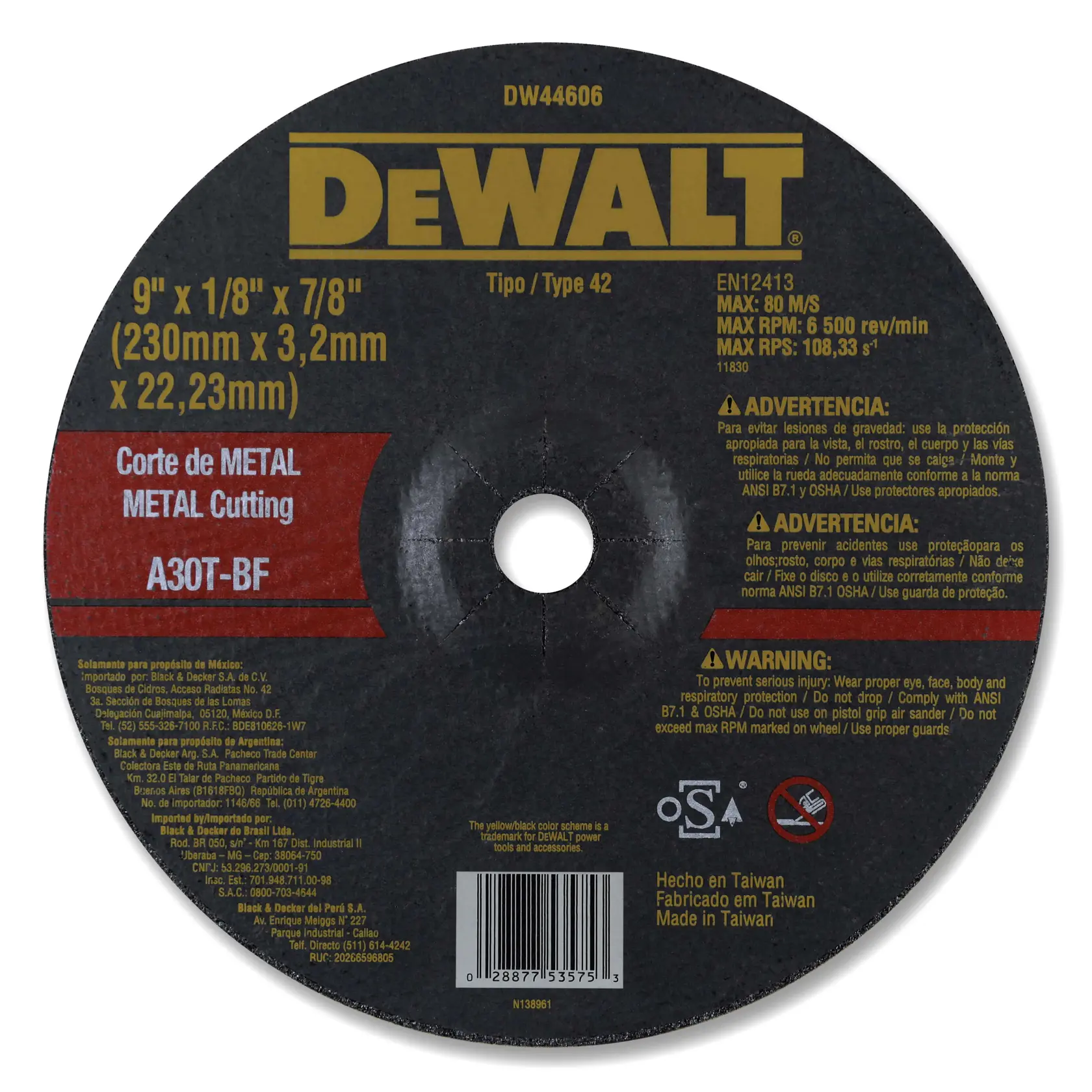 DEWALT® 9" x 3.2mm de Espesor Eje de 7/8