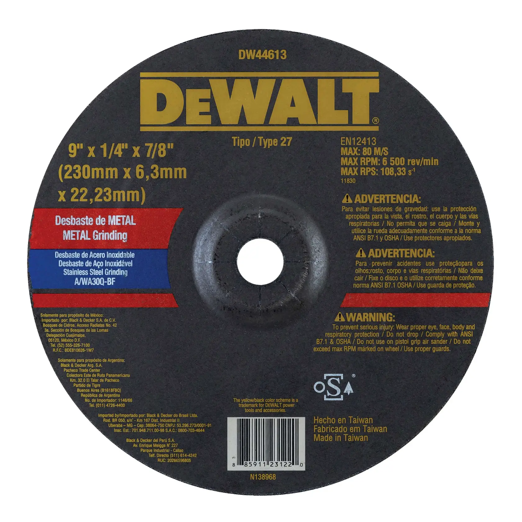 DEWALT® Rueda de Esmeril para Acero Inoxidable 9" x 1/4" x 7/8" Tipo 27