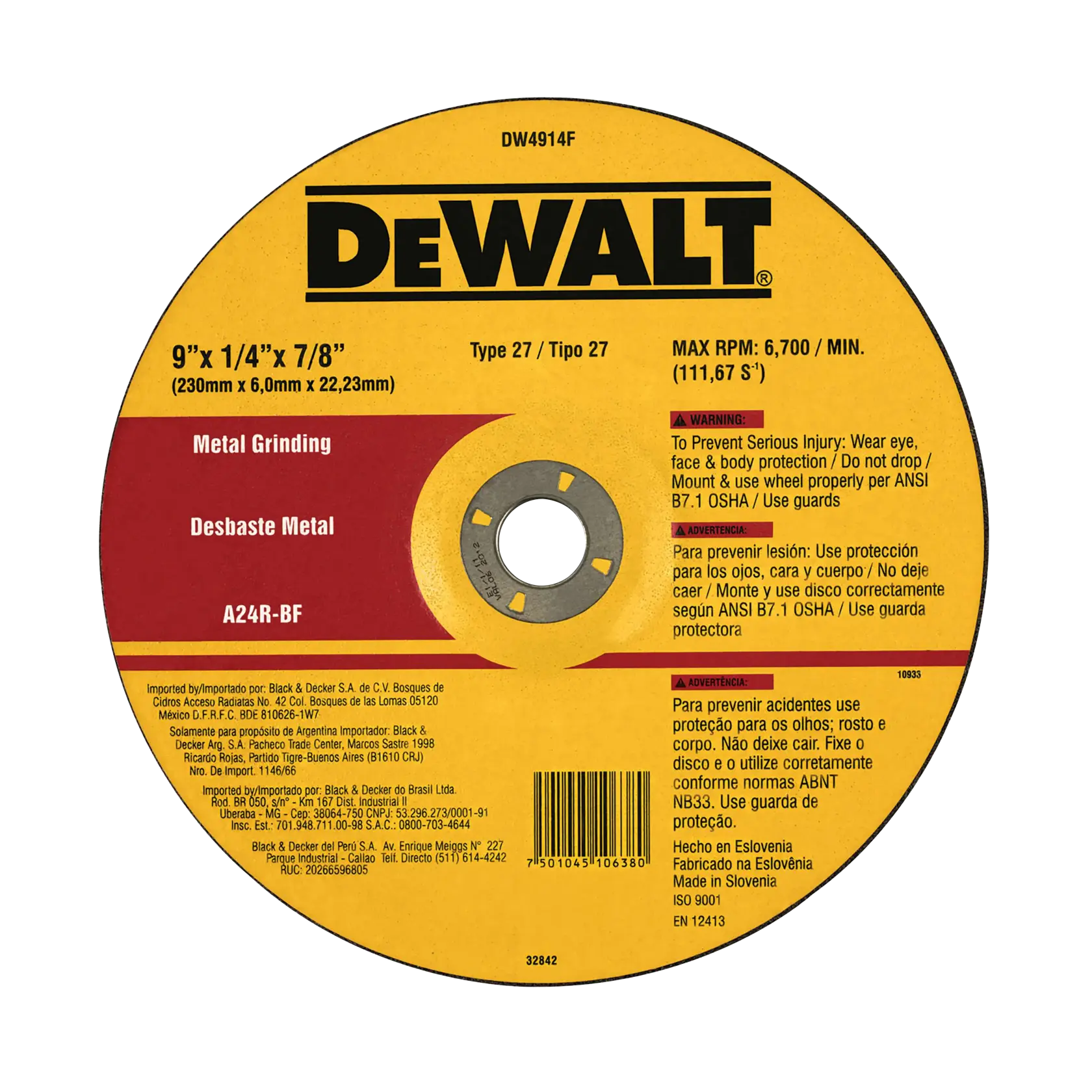 DEWALT® Disco de Desbaste para Metal de 9" (230mm) Tipo 27