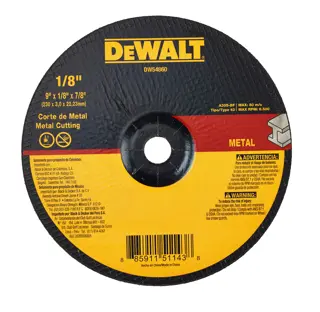 DEWALT DW54860 metal cutting disc for photography, 9 inch diameter, 1/8 inch thick, 7/8 inch hole. The disc is black with yellow and red labeling indicating 'Metal Cutting.' Safety and usage instructions are printed in English and Spanish.