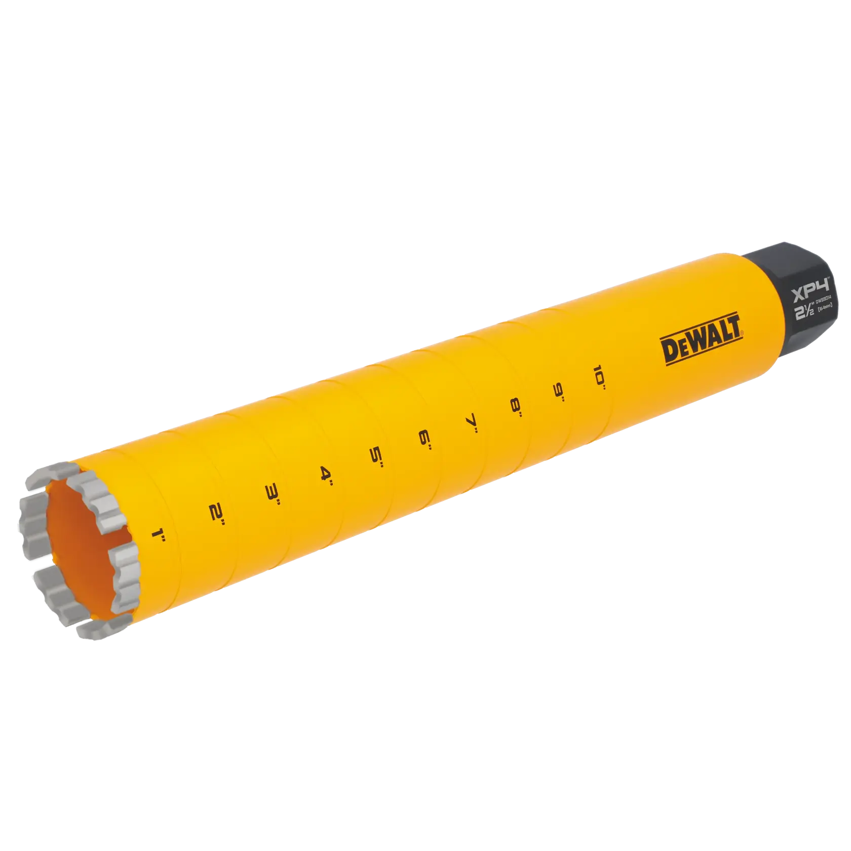 2 1/2" DEWALT Diamond Core Bit on white at a 45 degree view from the left