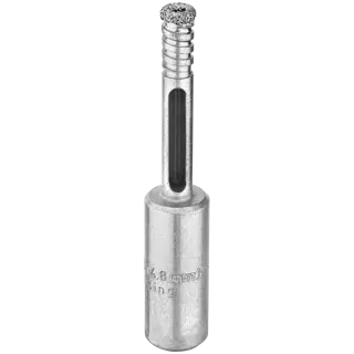 A close-up image of a DEWALT diamond drill bit, designed for precision drilling in tough materials such as tile or stone. The drill bit is silver in color with a textured diamond tip.