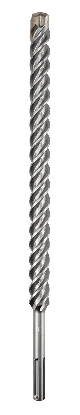 A single long, spiral SDS masonry drill bit with a carbide tip, displayed vertically against a white background.