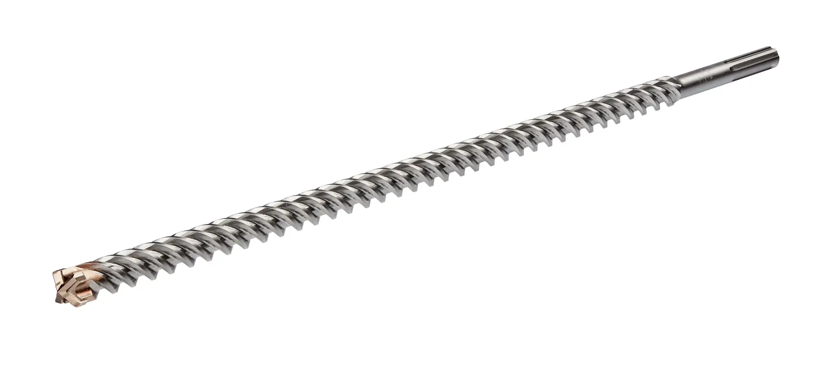 A long, spiral-shaped DEWALT SDS Max rotary hammer drill bit with a multi-cutter tip, designed for heavy-duty concrete and masonry drilling, shown on a white background.