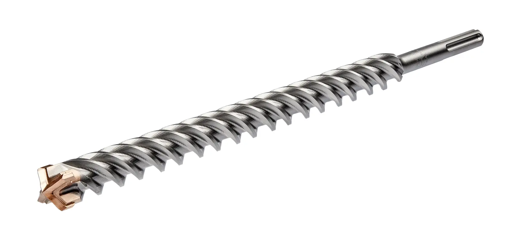 A close-up image of a metal drill bit with a spiraled shaft and a carbide tip, displayed on a white background.