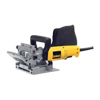 A DEWALT biscuit joiner tool with a yellow and black body, a handle, a metal base, and an attached dust bag, designed for woodworking joints.