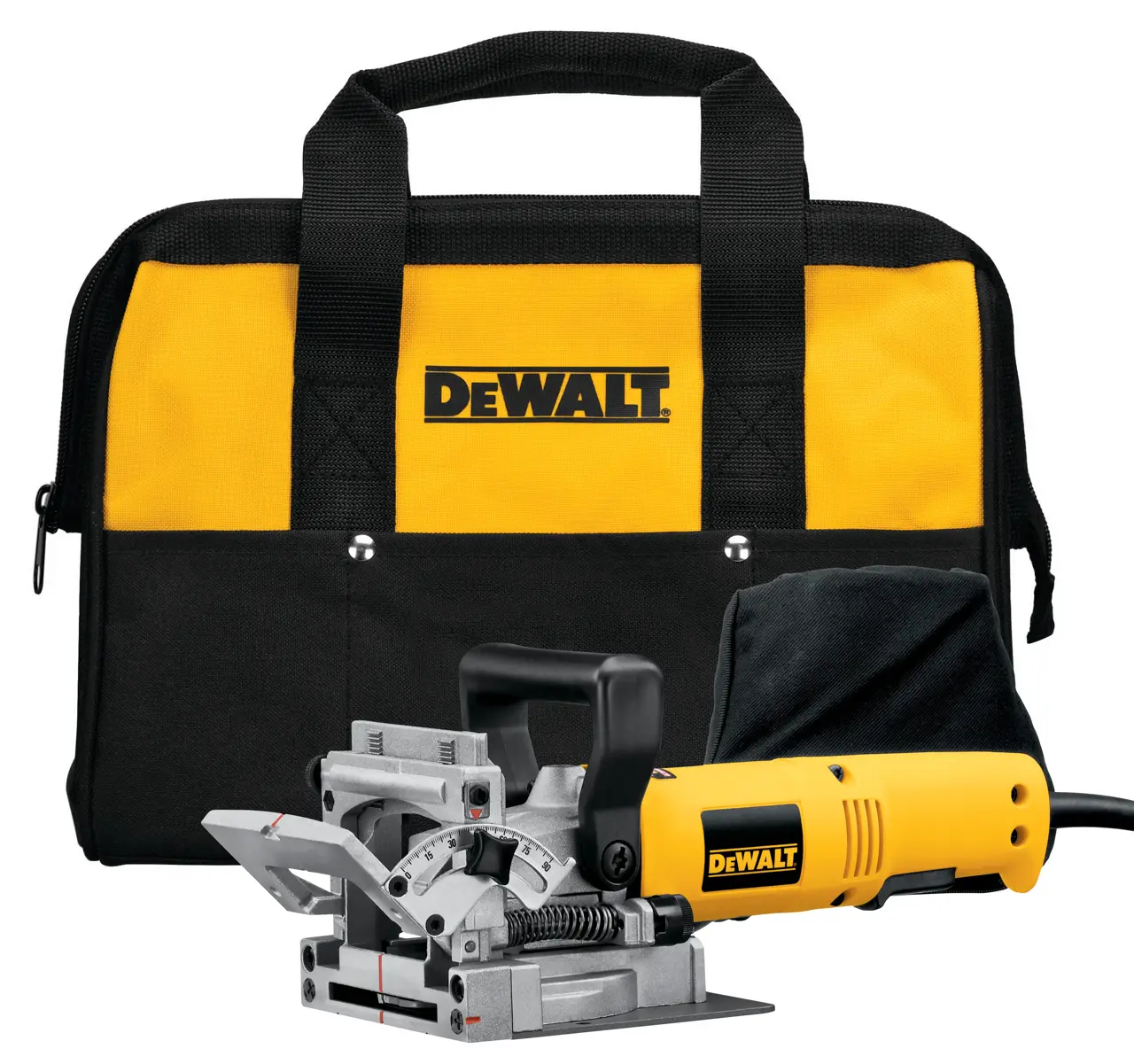 A DEWALT biscuit joiner power tool with a yellow and black carrying bag, both displaying the DEWALT logo. The tool is designed for woodworking projects and is shown in front of the bag.