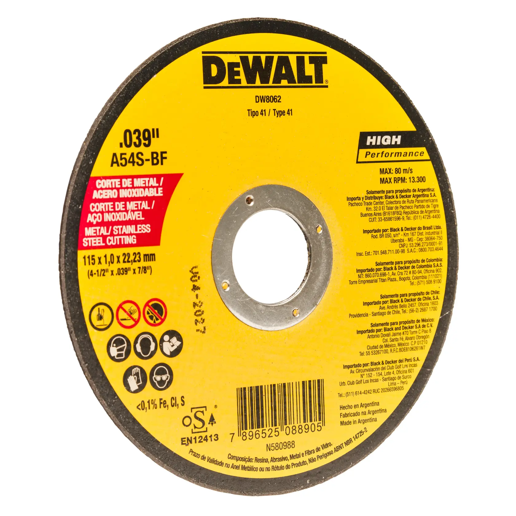 A close-up image of a DEWALT DW8062 Type 41 cutting disc for metal and stainless steel. The disc has a yellow label with technical specifications, safety icons, barcode, and instructions printed in multiple languages. The center has a circular hole for mounting.