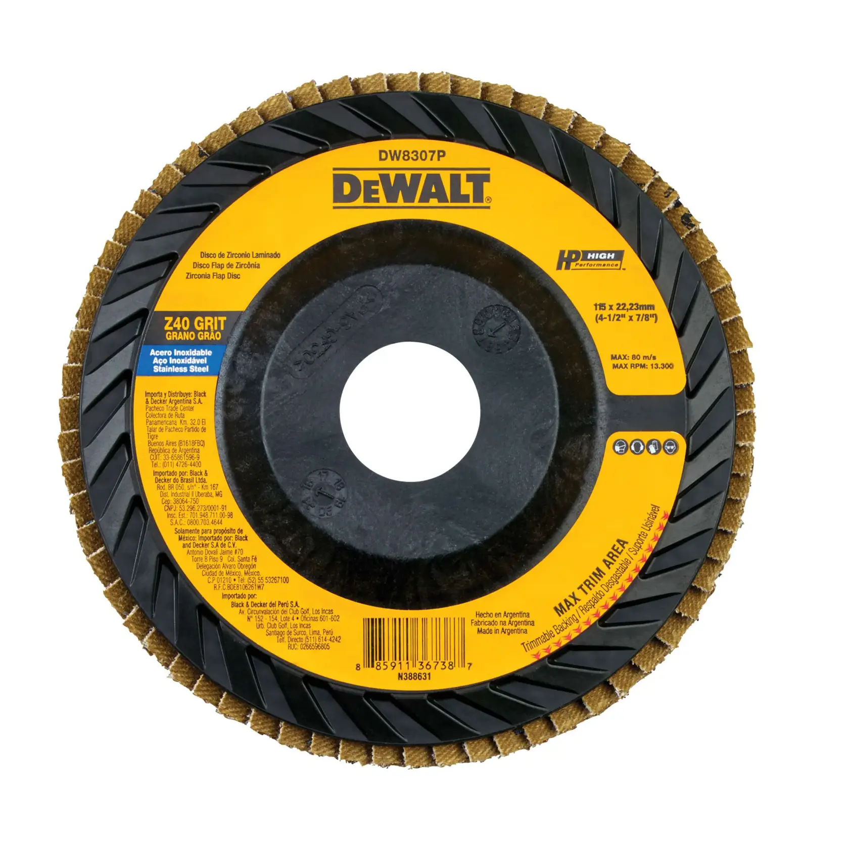 DEWALT® Disco Laminado de Zirconia Base de Fibra de 4-1/2" (115mm) para Corte en Metal/Inox Grano Z40