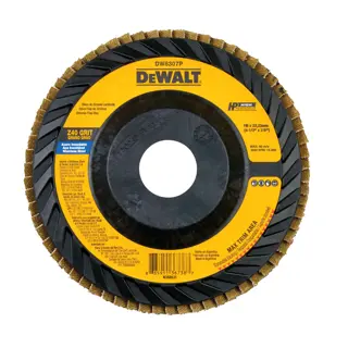 DEWALT DW8307P zirconia flap disc with 40 grit, designed for grinding stainless steel, featuring a black and yellow label with specifications including size 115 x 22.23 mm (4-1/2'' x 7/8''), and maximum RPM of 13,300.
