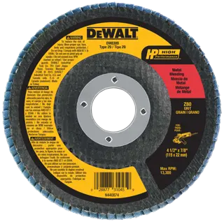 DEWALT DW8309 Type 29 High Performance metal blending flap disc, labeled with safety instructions and specifications such as Z80 grit, 4 1/2 inch x 7/8 inch size, maximum RPM of 13,300, and suitable for metal blending. The disc has a central mounting hole and blue abrasive edge.