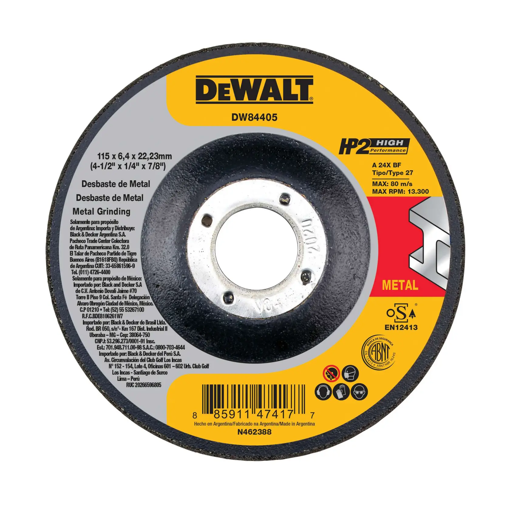 DEWALT® Rueda de Esmeril HP2 4-1/2" x 1/4" x 7/8" Tipo 27