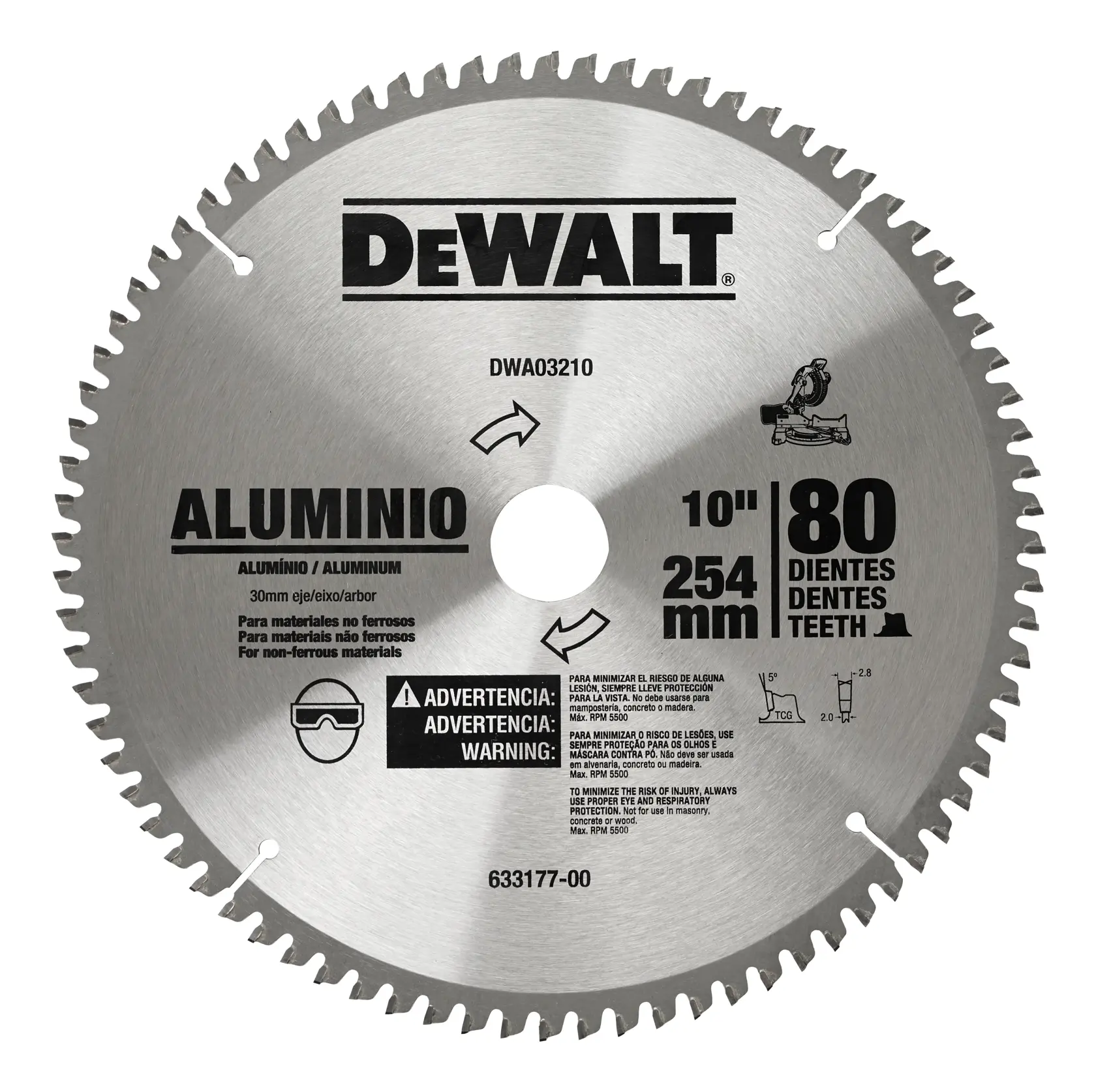 DEWALT® Hoja de Sierra Ingleteadora de 10" (254mm) de 80D para Corte en Aluminio