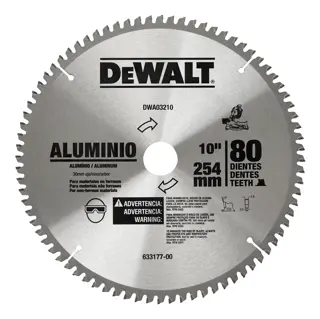 DEWALT circular saw blade for general purpose cutting, model DWA03210. The blade is made for aluminum and other non-ferrous materials. It is silver in color, has 80 teeth, and measures 10 inches (254 mm) in diameter. Safety and usage information is printed on the blade.