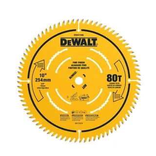 A yellow circular saw blade from DEWALT with 80 carbide teeth, labeled for fine finish cuts. The blade is 10 inches (254 mm) in diameter with a 5/8 inch (16 mm) arbor. Product details and safety warnings are printed on the surface.