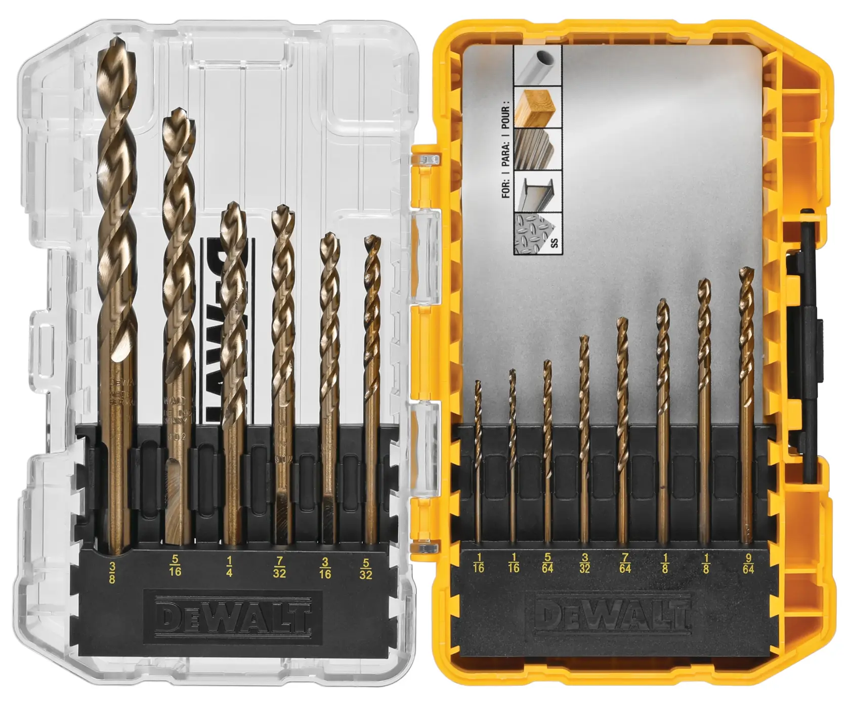 A DEWALT branded yellow and clear plastic case containing a set of metal drill bits of various sizes, organized in two rows. The case displays drill bits and a reference guide for material compatibility inside the lid.