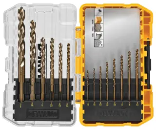 A DEWALT drill bit set in a transparent and yellow plastic case, containing multiple drill bits of various sizes, organized and labeled inside. The set is open, showing all bits and an illustrated guide for suitable materials.