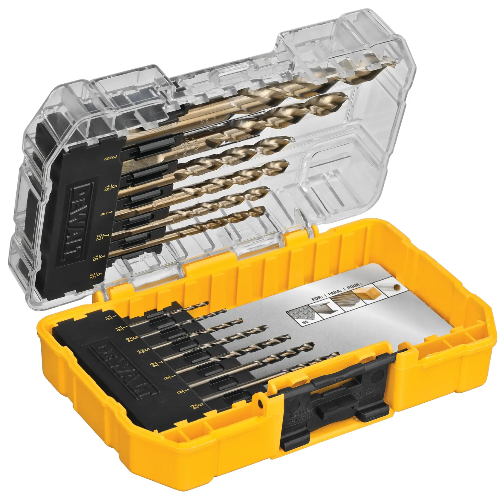 A DEWALT branded yellow and black plastic case containing a set of metal drill bits of various sizes. The case has a transparent lid and is open, showing the organized drill bits and size labels inside.