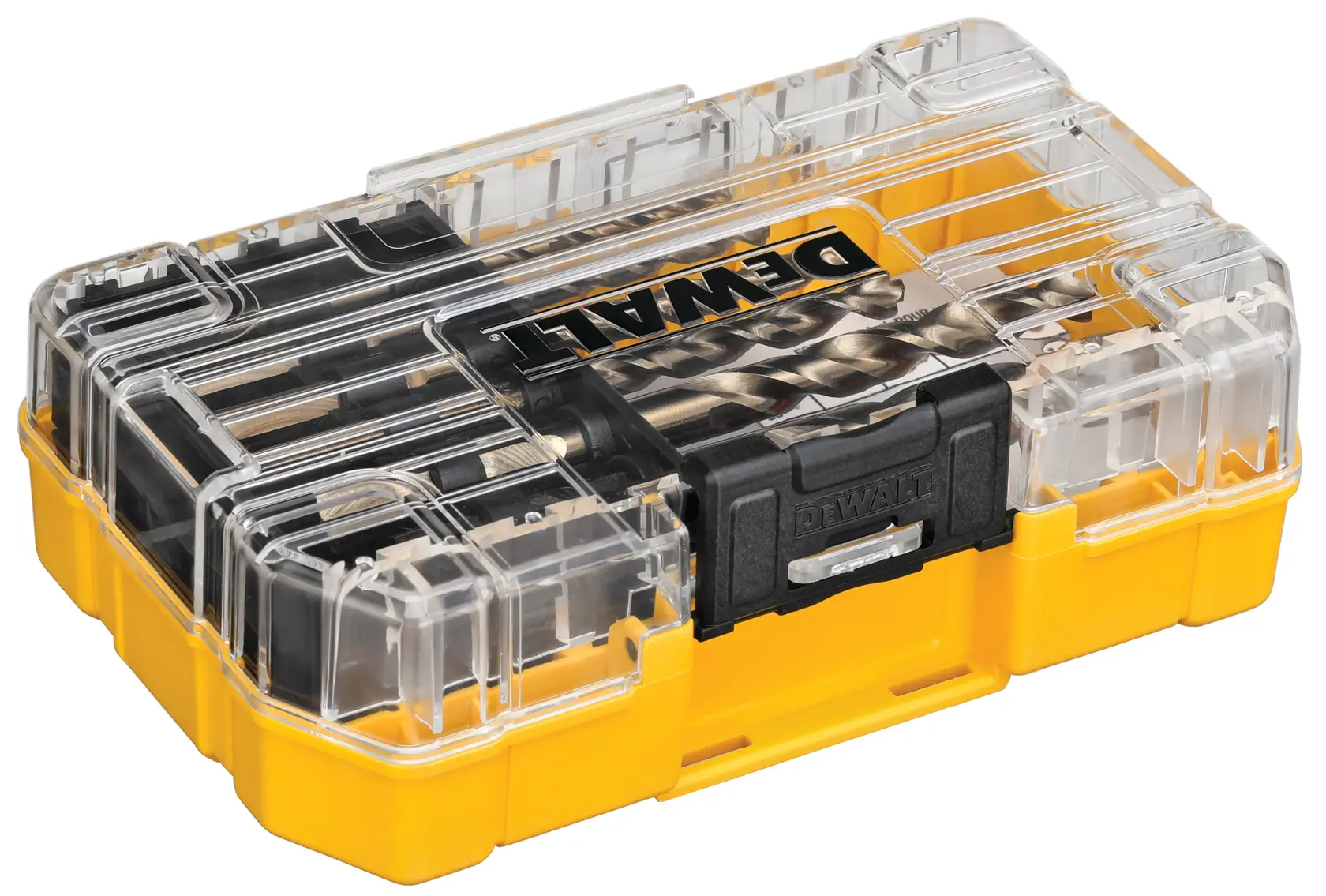 A DEWALT yellow and black tool kit with a transparent plastic lid, containing various drill bits organized inside.