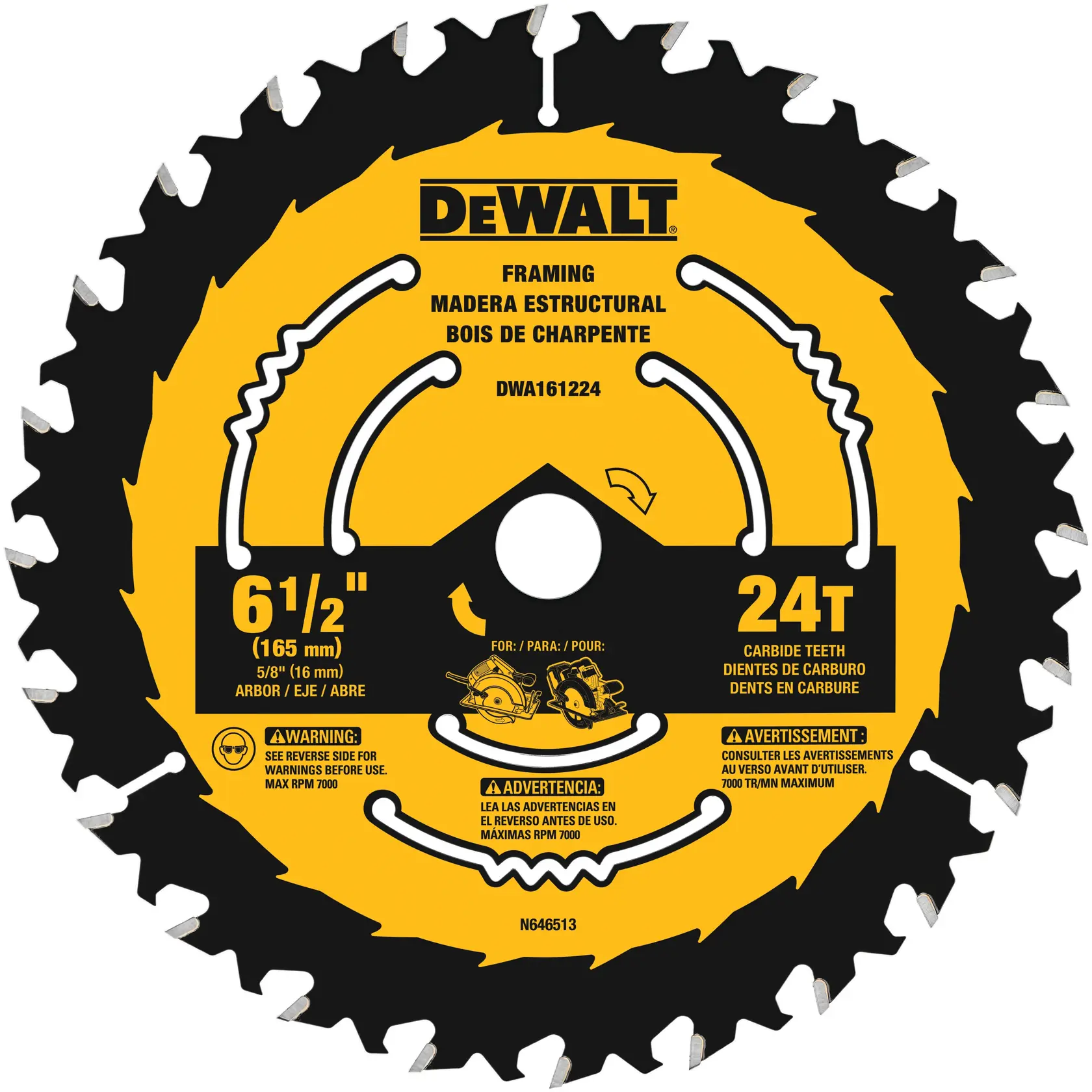 A DEWALT 6-1/2 inch (165 mm) 24-tooth circular saw blade with carbide teeth, designed for framing and structural wood cutting. The blade features safety warnings and multilingual labeling.