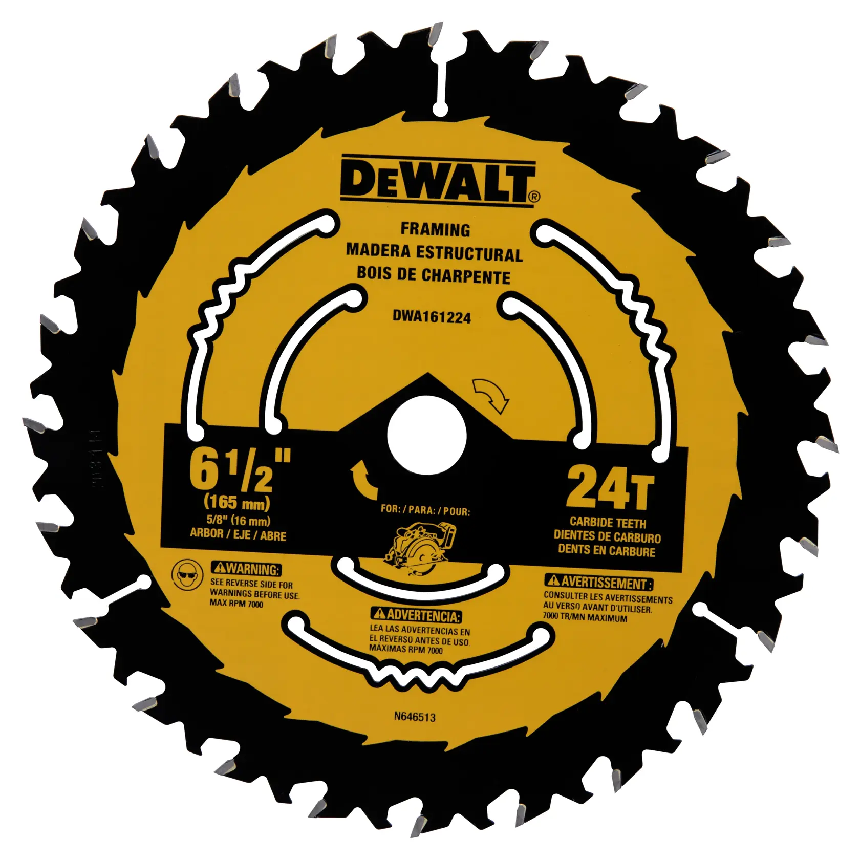 A DEWALT circular saw blade with a yellow and black design. The blade is labeled for 'framing' and features 24 carbide teeth. Specifications include a diameter of 6-1/2 inches (165 mm) and a 5/8 inch (16 mm) arbor. The model number DWA161224 is visible, along with warnings and multilingual descriptions.