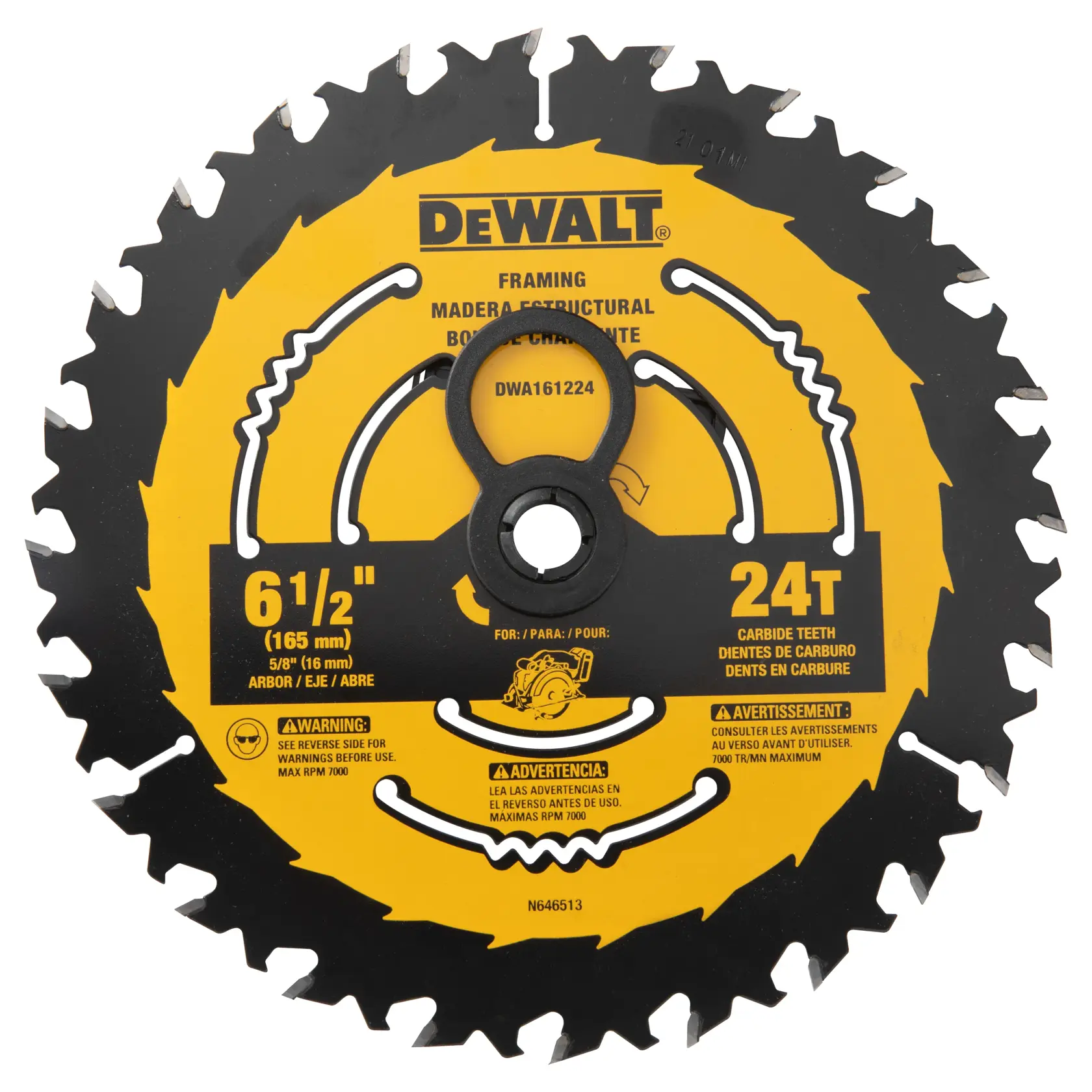 DEWALT 6 1/2 inch (165 mm) framing saw blade, model DWA161224, with 24 carbide teeth. The blade is black with yellow details and product information printed on the front.