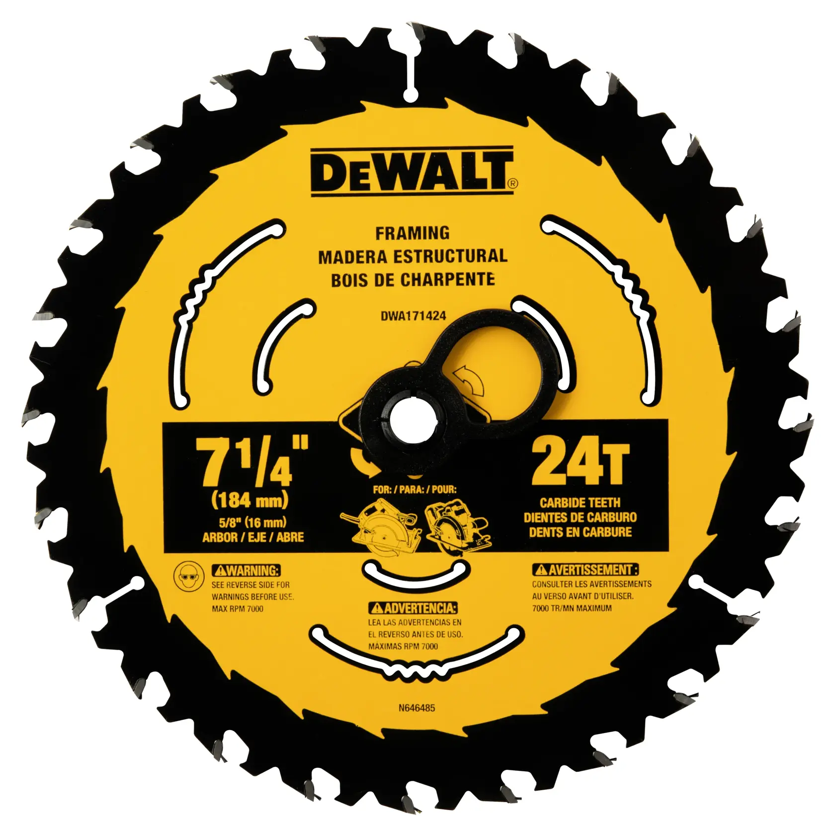 DEWALT® Hoja de Sierra Circular de Carburo de 7-1/4 Pulgadas 24 Dientes con Eje de 5/8 Pulgadas