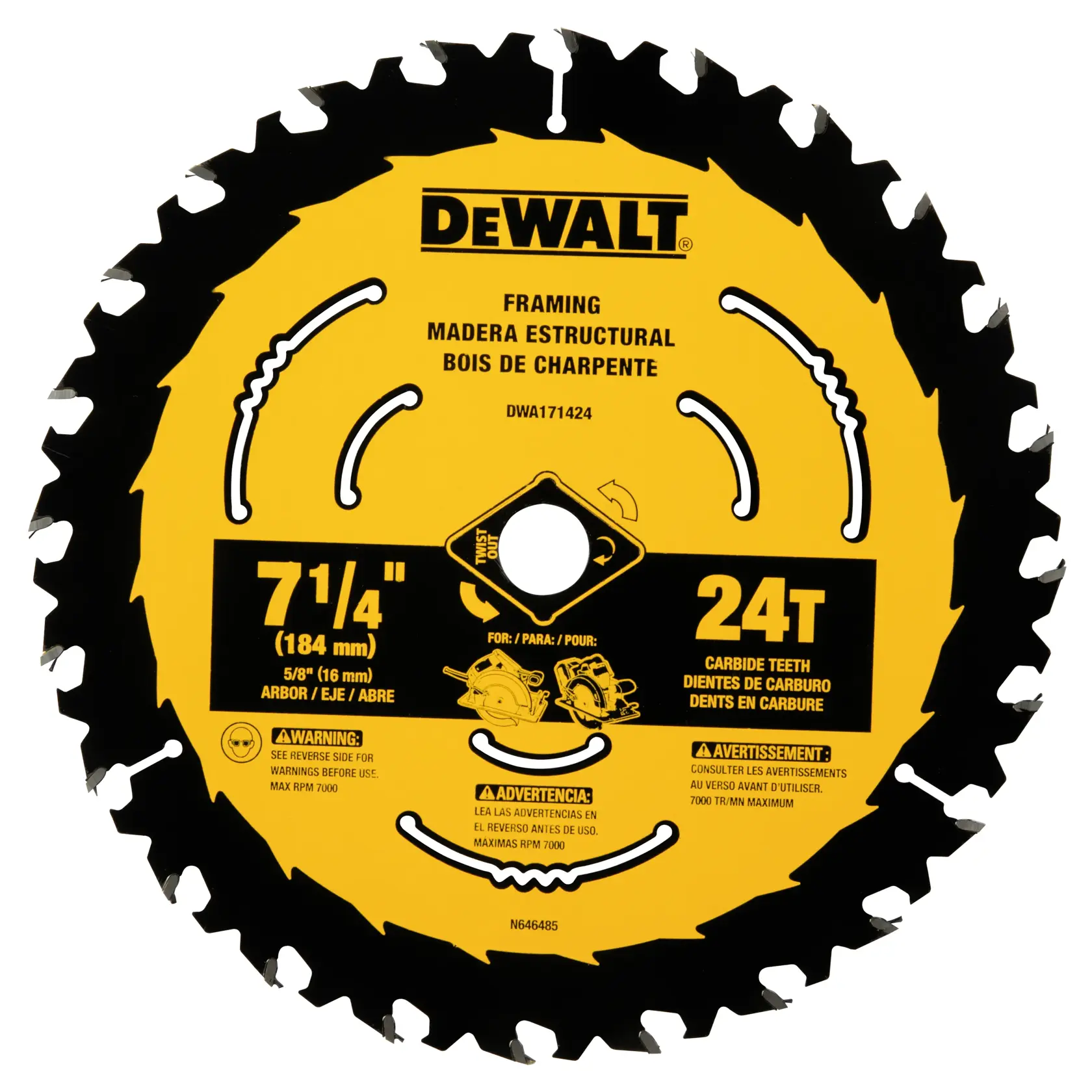 DEWALT® Hoja de Sierra Circular de Carburo de 7-1/4 Pulgadas 24 Dientes con Eje de 5/8 Pulgadas