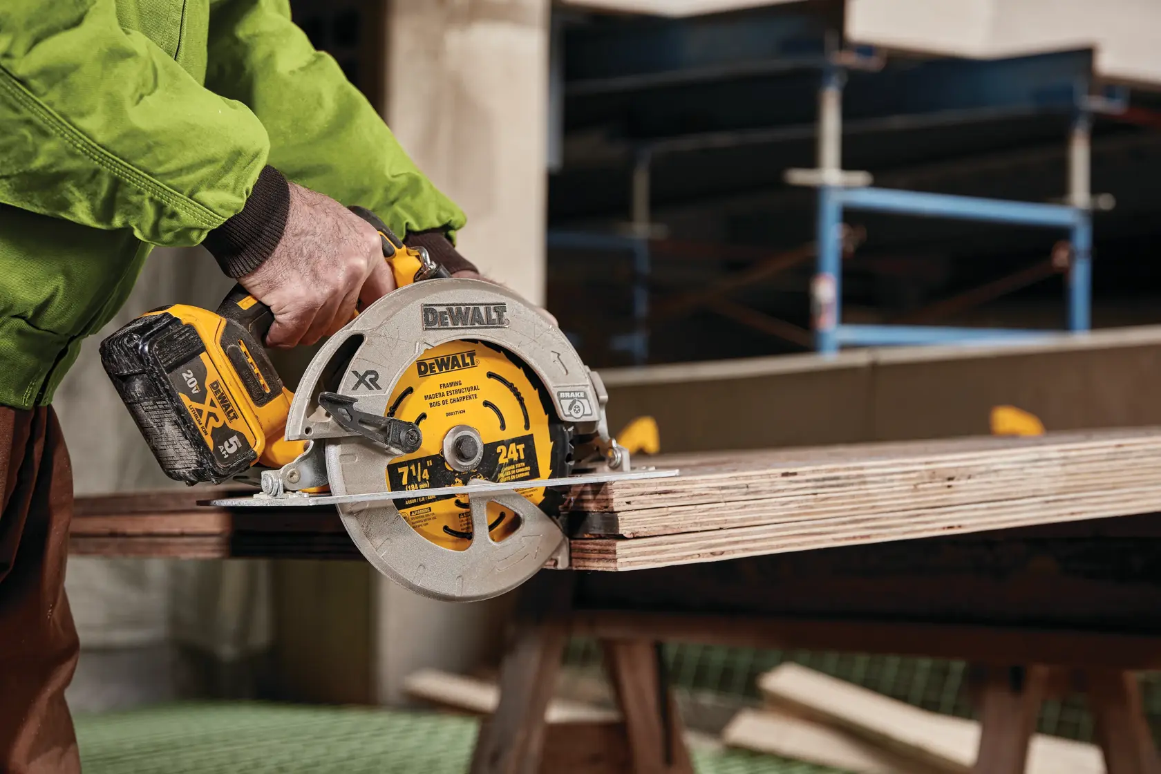 Seven and a Quarter inch Circular Saw Blades being used on wooden boards.