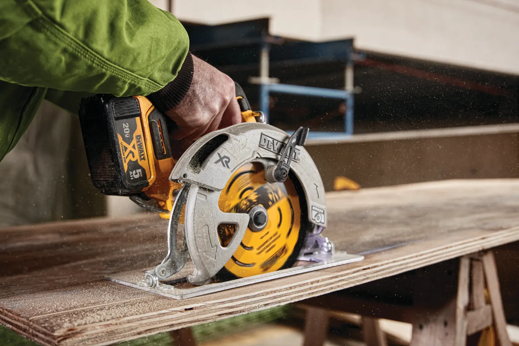 Seven and a Quarter inch Circular Saw Blades being used on wooden board.