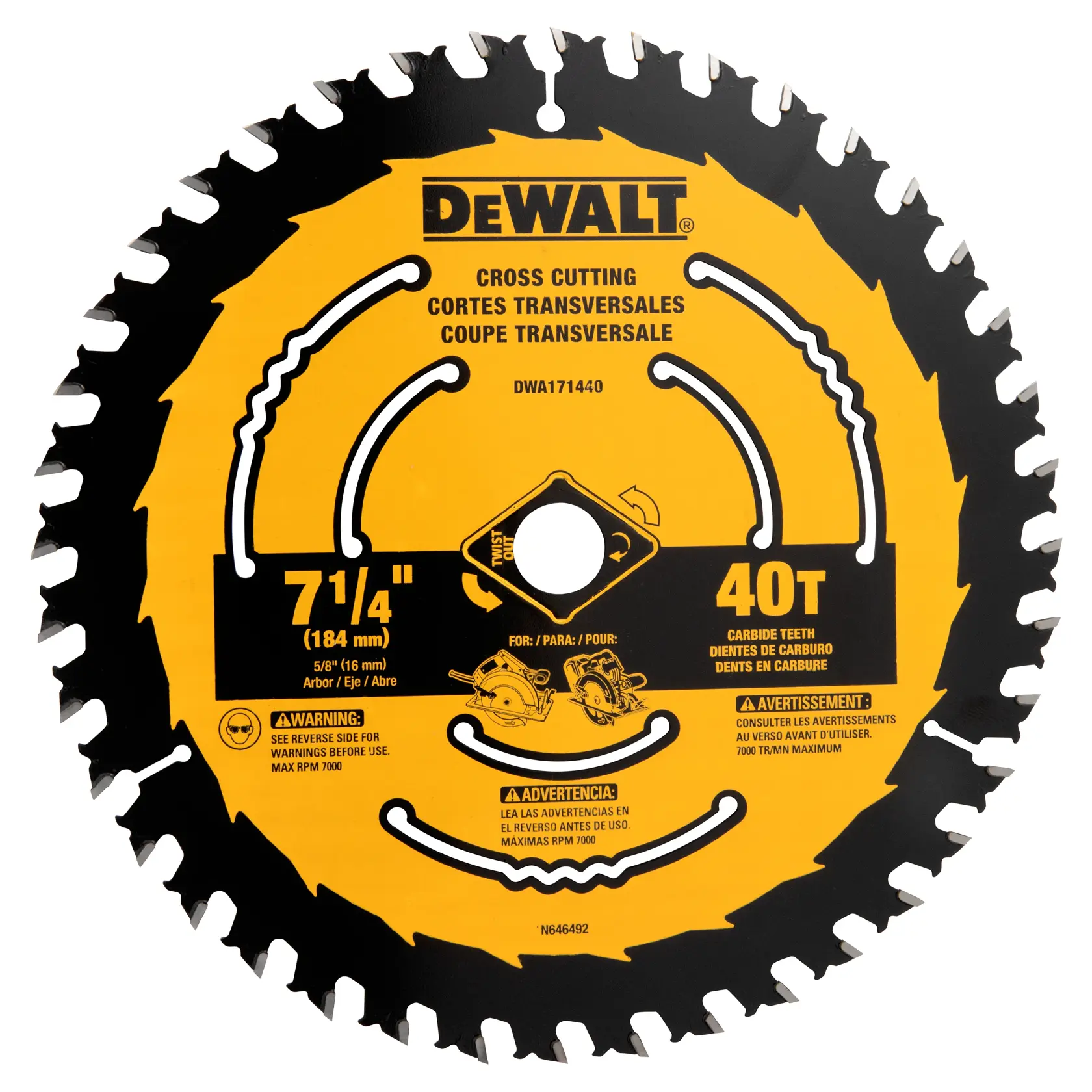 DEWALT® Hoja de Sierra Circular de Carburo de 7-1/4 Pulgadas 40 Dientes con Eje de 5/8 pulgadas