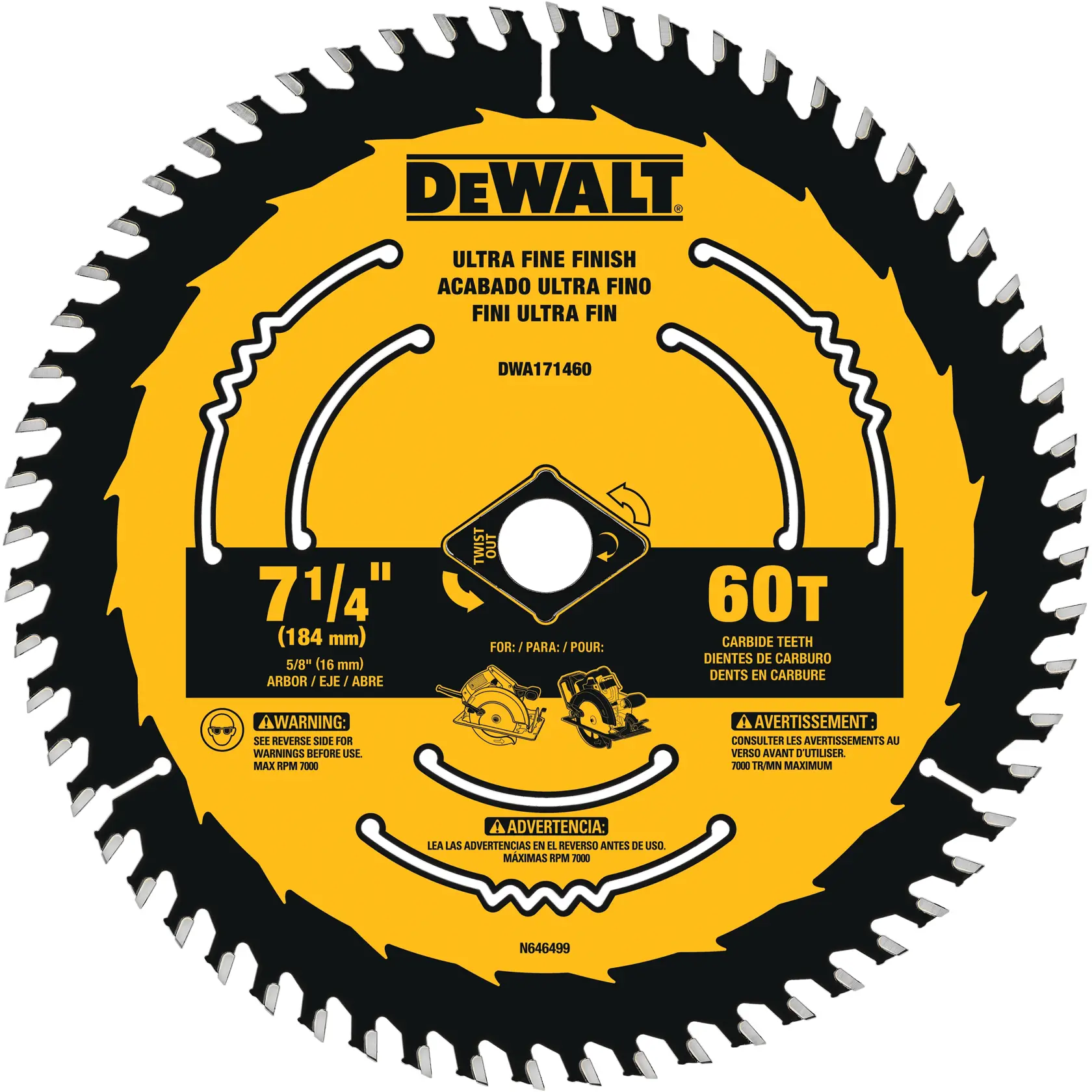 DEWALT circular saw blade, model DWA171460, with ultra fine finish, 7 1/4 inch (184 mm) diameter, 60 carbide teeth, for woodworking, featuring warnings and information in multiple languages on the front.