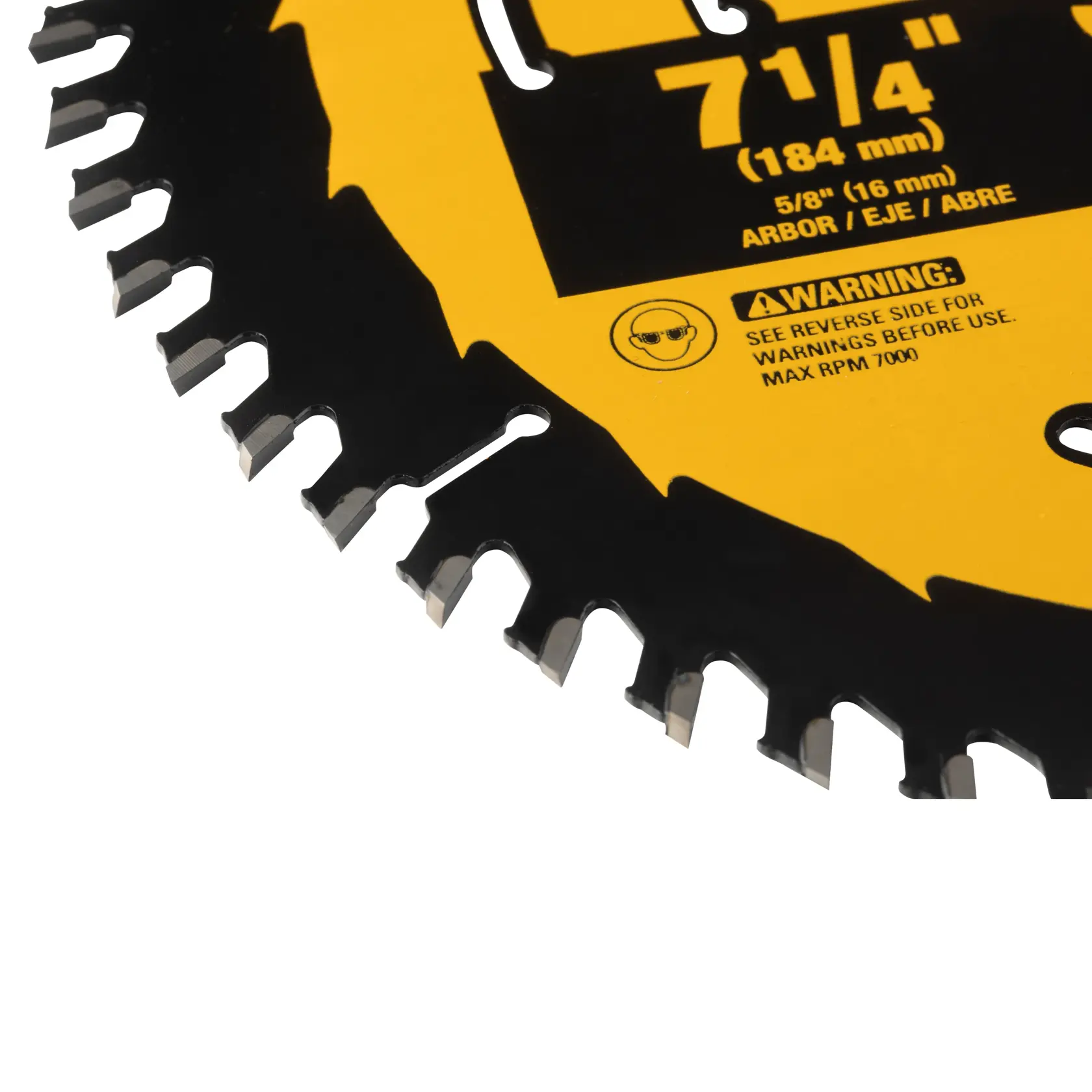Close-up view of a DEWALT circular saw blade, featuring sharp, carbide-tipped teeth and product information indicating a 7-1/4 inch (184 mm) diameter, for photography purposes.