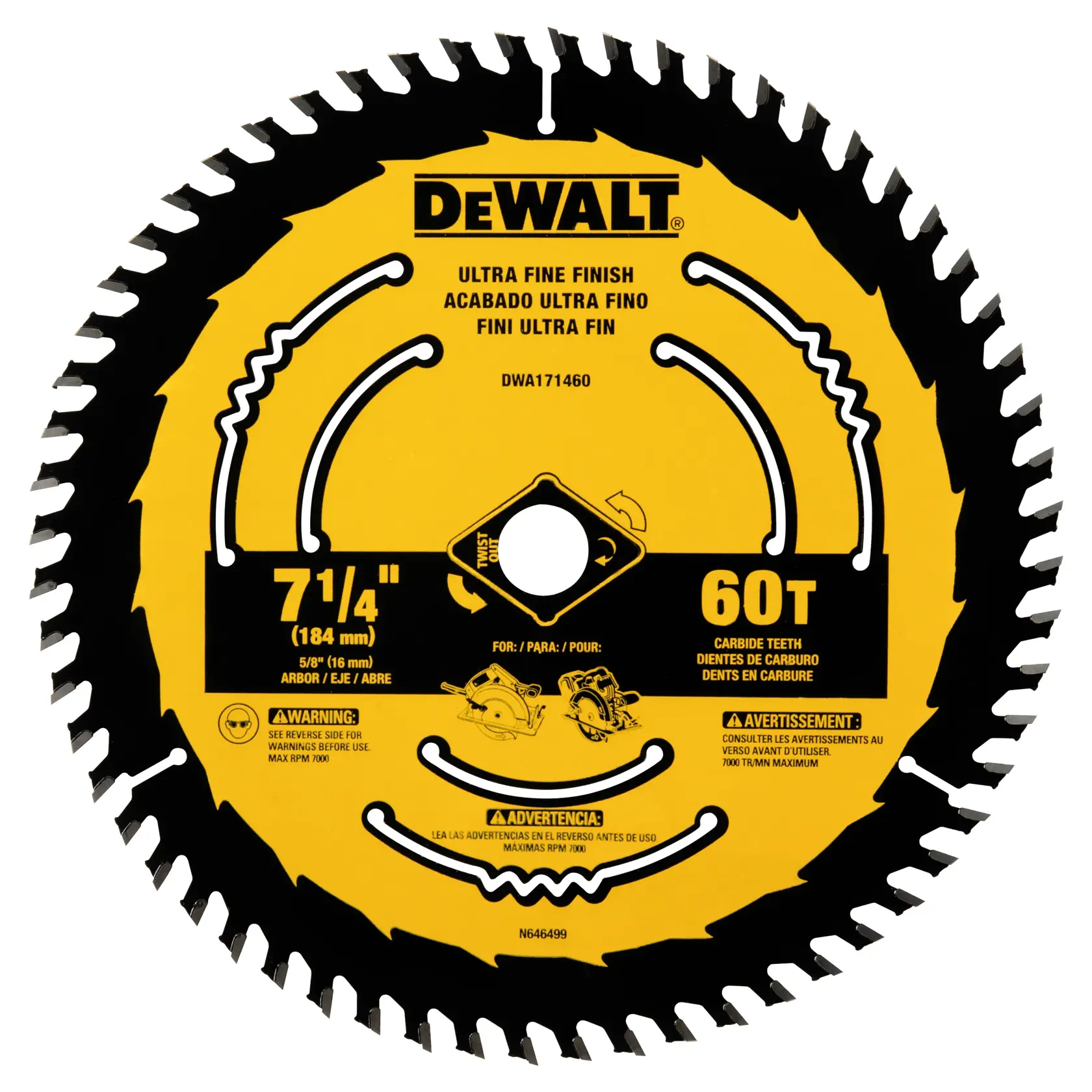 DEWALT circular saw blade, model DWA171460, 7-1/4 inch (184 mm) diameter with 60 carbide teeth for ultra fine finish. The blade has a yellow and black design with specifications and safety warnings printed on it.