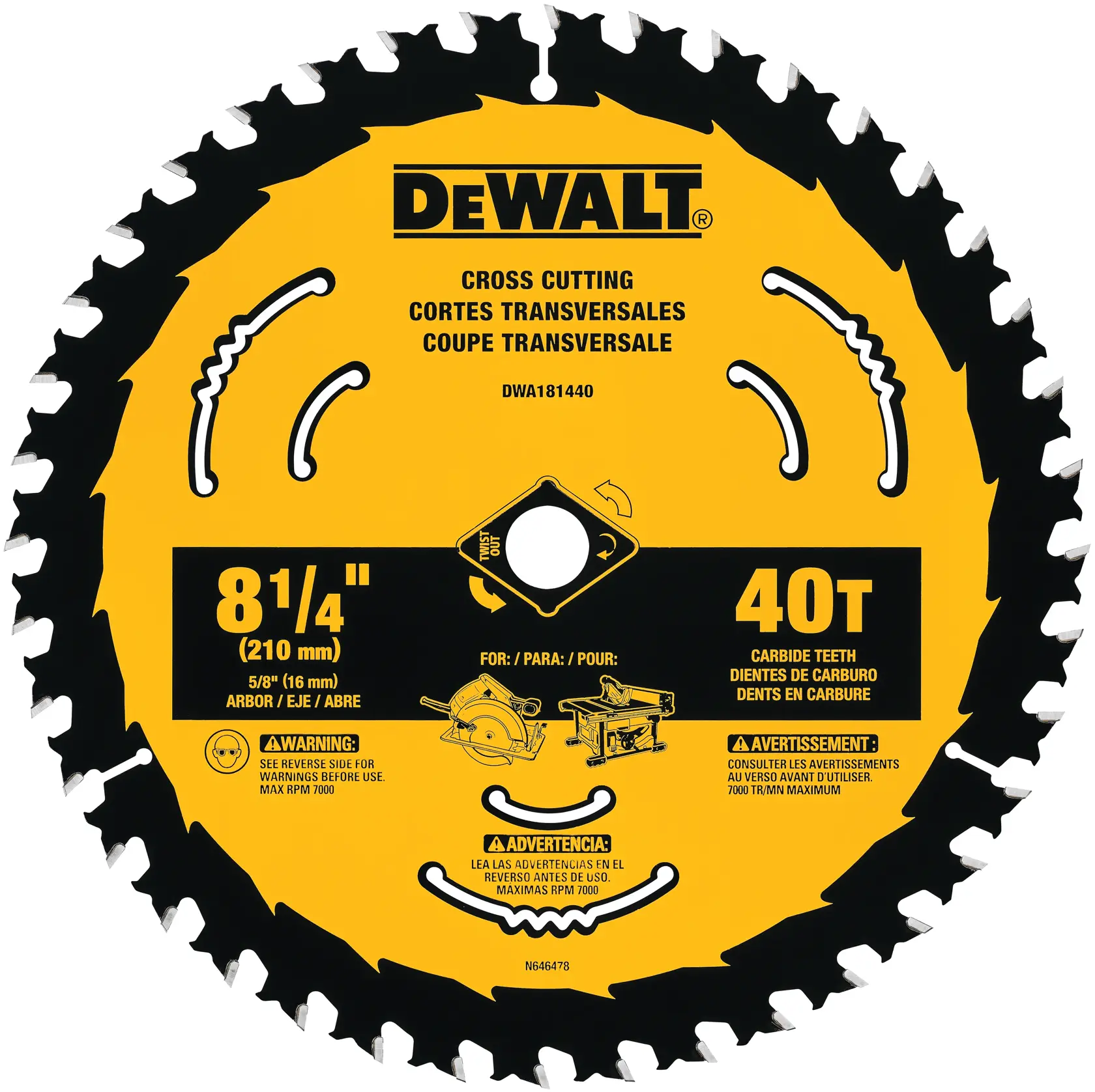 A DEWALT 8 1/4 inch (210 mm) circular saw blade with 40 carbide teeth, designed for cross cutting. The blade is yellow and black with product information and safety warnings in English, French, and Spanish printed on the surface.