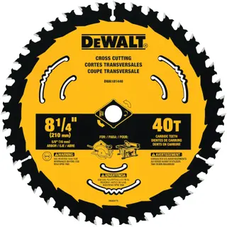 DEWALT 8 1/4 inch (210 mm) 40-tooth carbide saw blade for cross cutting, featuring a yellow and black design with specifications and safety warnings printed on the blade.