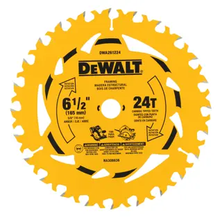 A DEWALT 6-1/2 inch framing circular saw blade with 24 carbide tipped teeth, model DWA261224. The blade is yellow with black text and graphics, featuring specifications and safety warnings in multiple languages.
