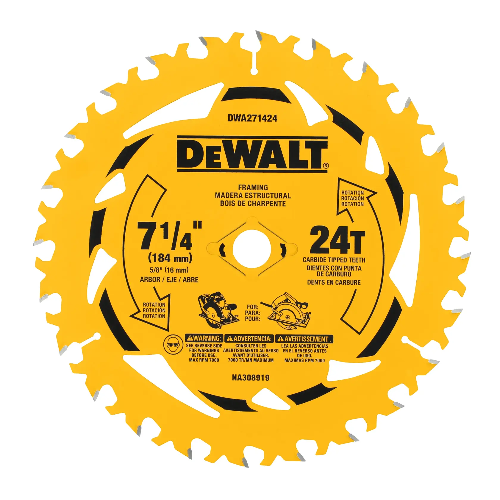 DEWALT DWA271424 7-1/4" 24T Single Pack front view.