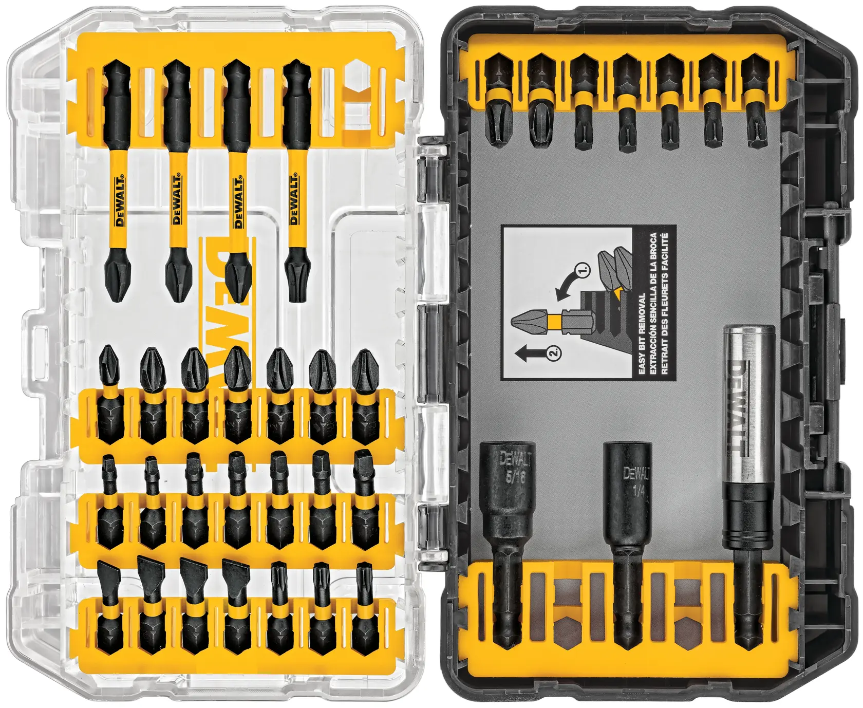 A DEWALT branded bit set in a transparent and black plastic case. The set contains multiple screwdriver and drill bits organized in yellow holders, with additional socket adapters and a bit holder visible on the right side.