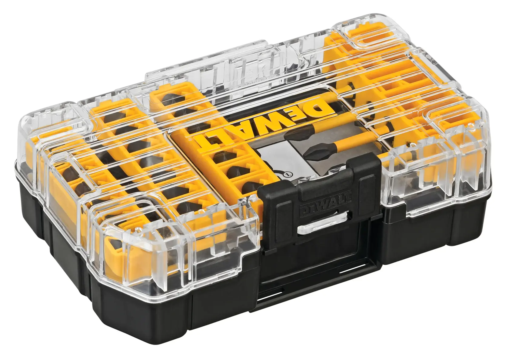 A transparent plastic case with yellow and black DEWALT branding, containing multiple drill and screwdriver bits organized in compartments.