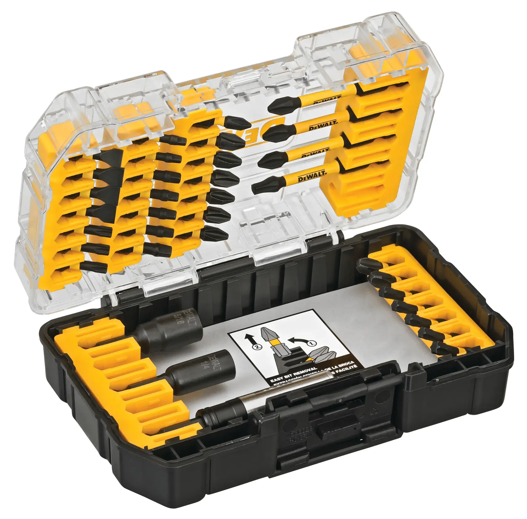 A DEWALT branded bit set in a clear and black plastic storage case. The case is open, revealing numerous screwdriver bits and accessories organized in yellow holders.