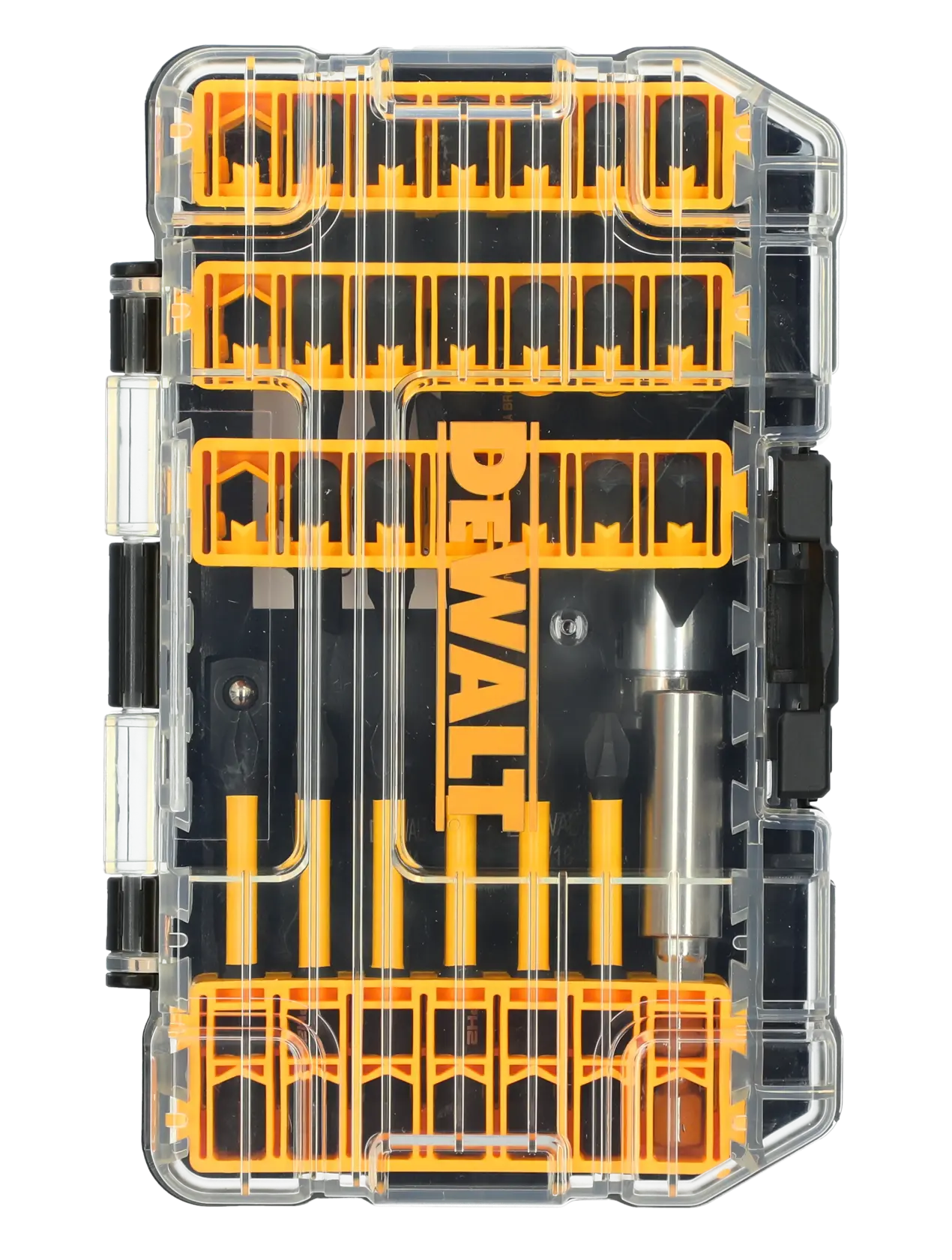 A DEWALT branded clear plastic case containing a set of various screwdriver bits and accessories, organized in yellow holders.