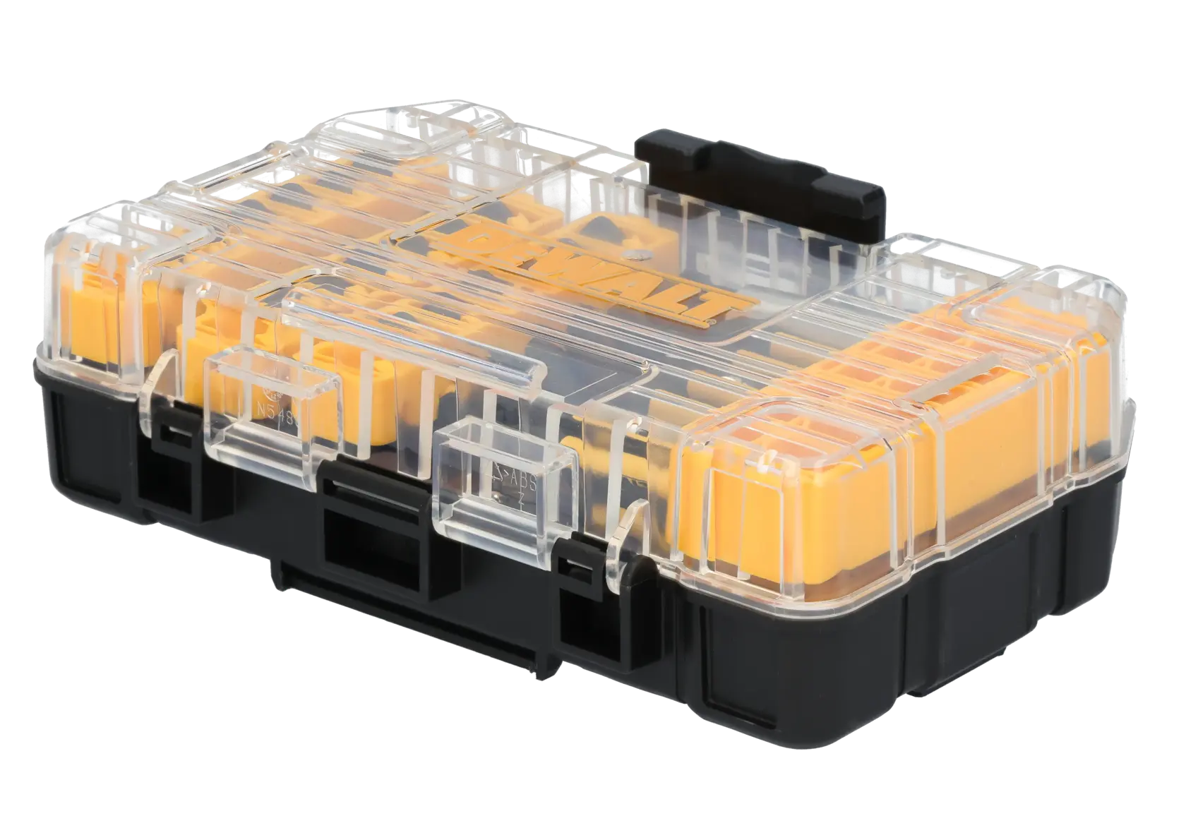 A DEWALT plastic bit set case with a transparent lid, yellow internal compartments, and black base, used for storing drill bits.