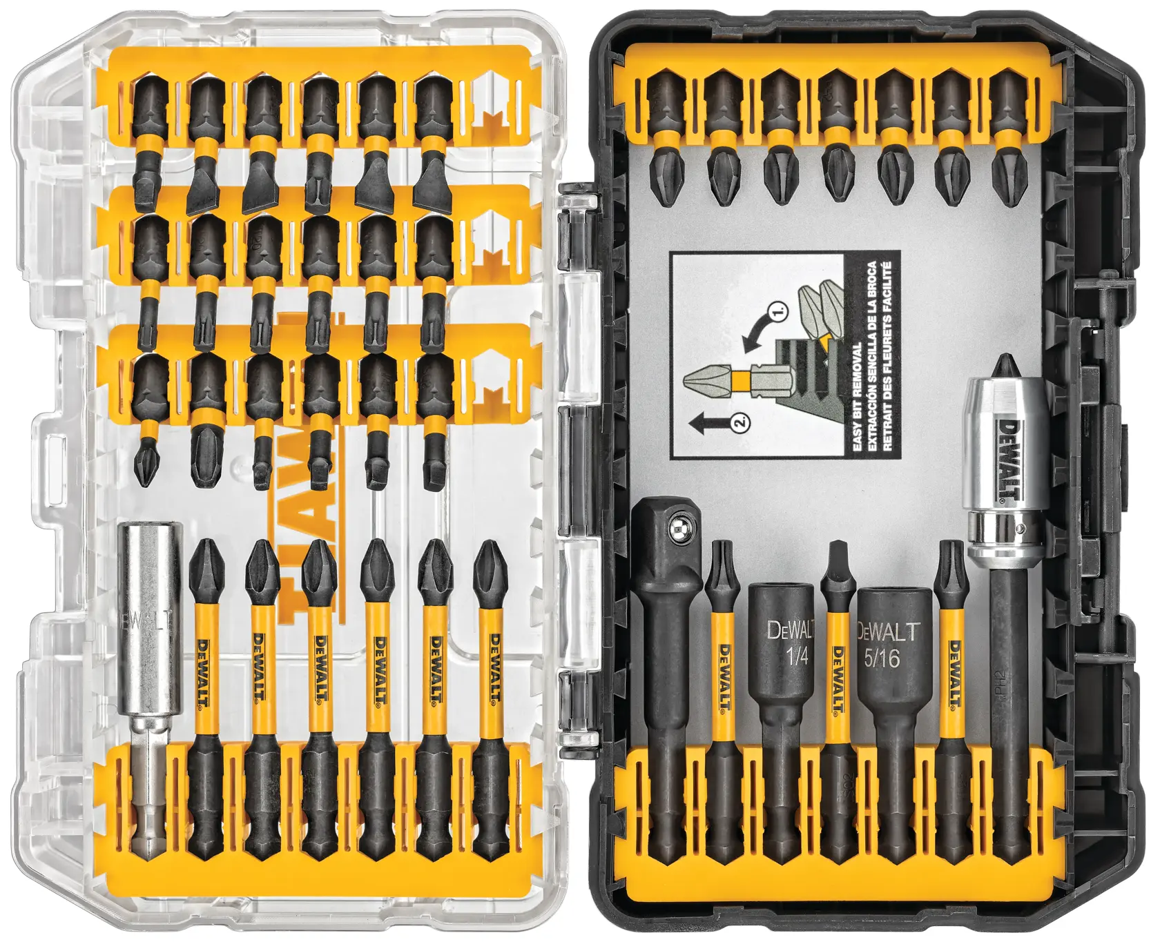 A DEWALT 40-piece screwdriver bit set in a compact, transparent and black plastic storage case. The case contains various screwdriver bits, adapters, and sockets organized in yellow holders. The DEWALT logo is visible on several bits and pieces.