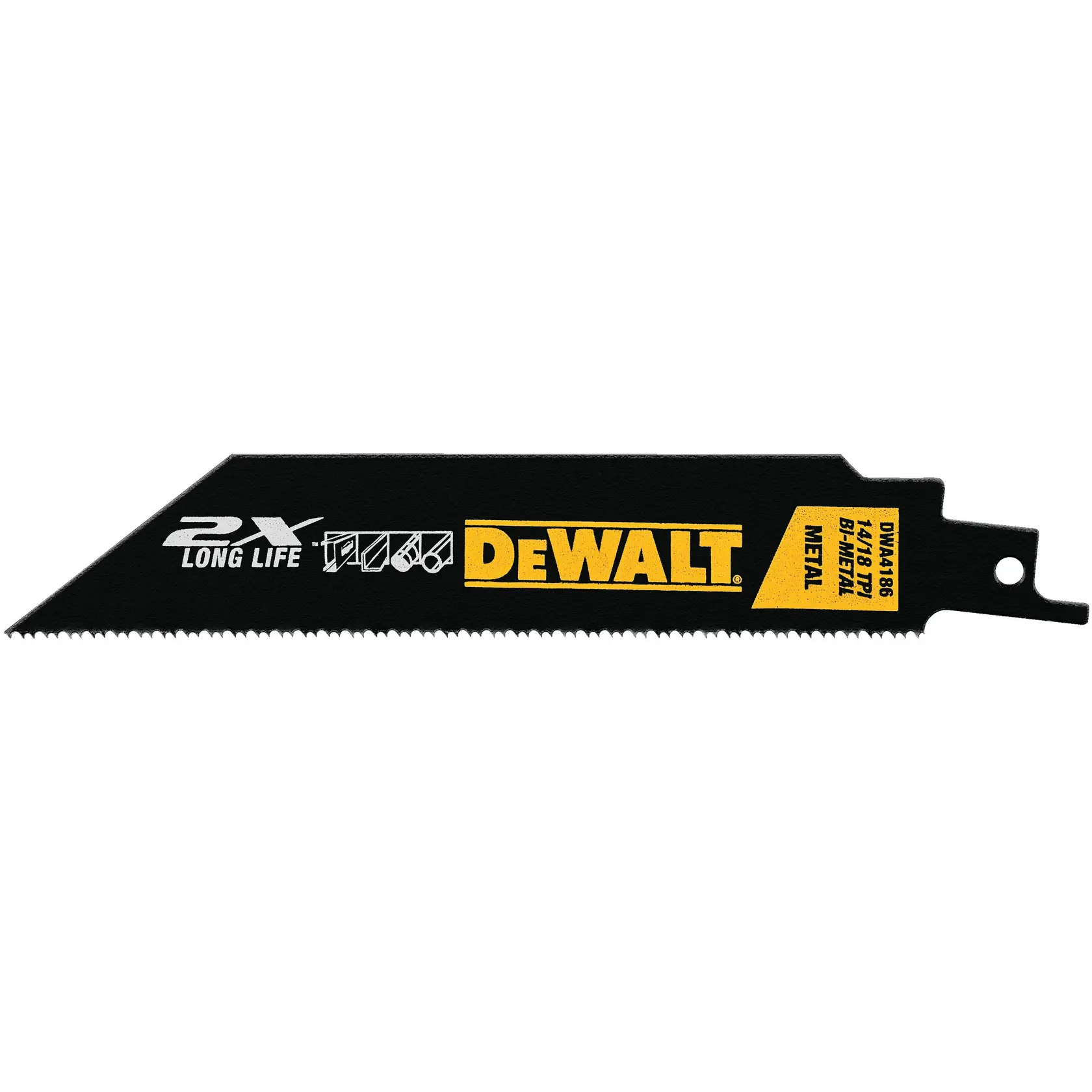 A DEWALT DWA4186 bi-metal reciprocating saw blade for cutting metal, featuring '2X Long Life' branding and the DEWALT logo on a black blade.