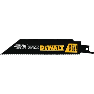 DEWALT DWA4186 bi-metal reciprocating saw blade for metal cutting. The blade is black with yellow and white branding and text, showing its long life feature and compatibility with metal materials.