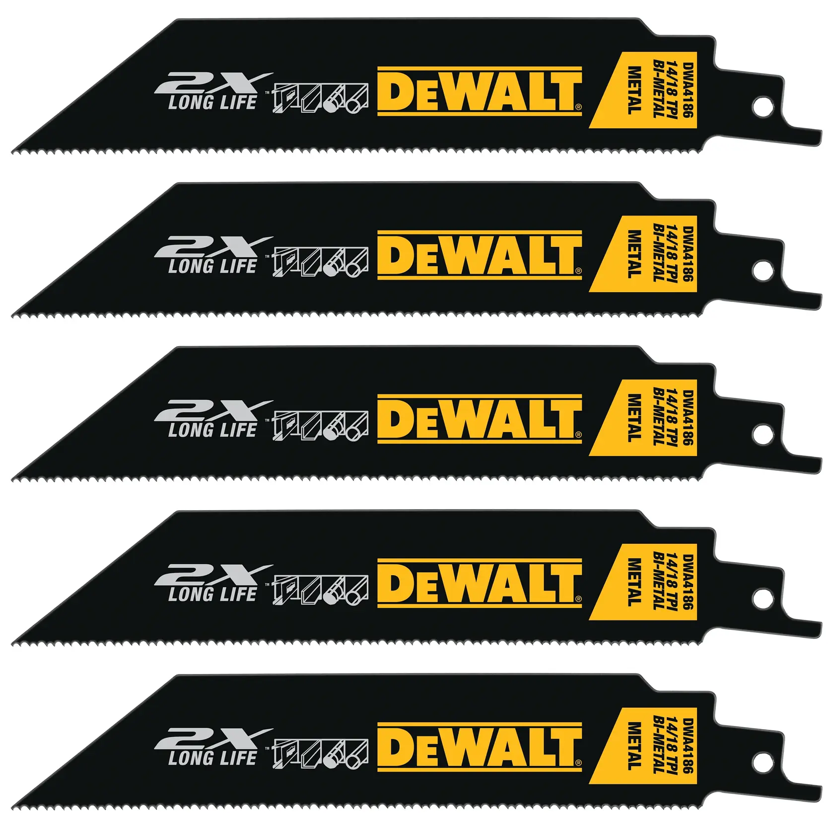 Set of five black and yellow DEWALT metal reciprocating saw blades, model DWA4186, with '2X Long Life' and 'METAL' labeling.