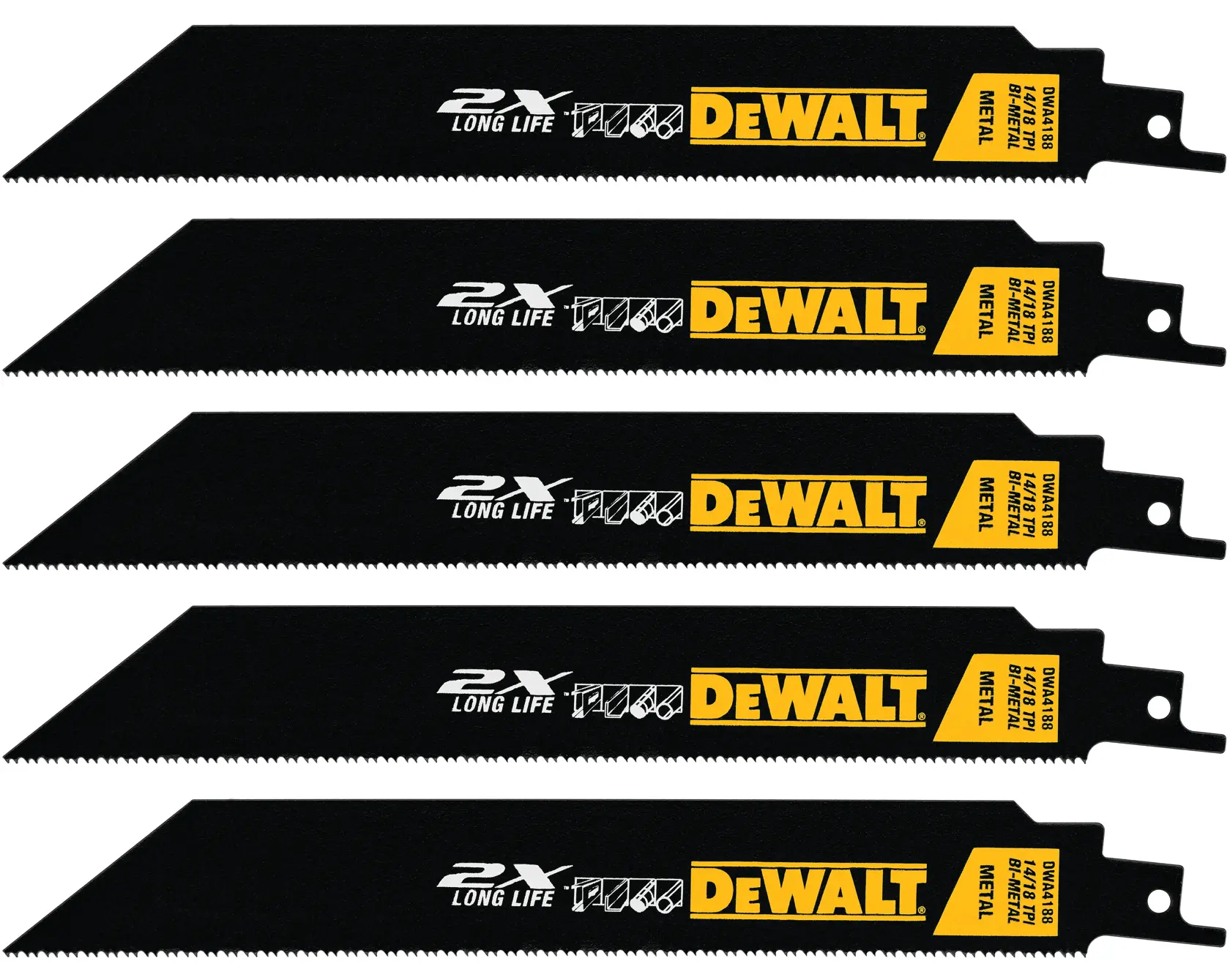 profile of 5 of 14 eighteenths TPI 12 inch Long Life Wood Cutting Reciprocating Saw Blade with packaging.